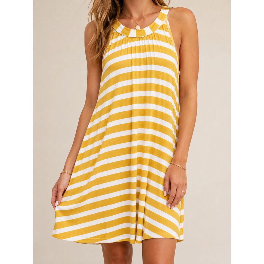 Market & Spruce Mustard Yellow White Stripe Swing Dress M Coastal Style